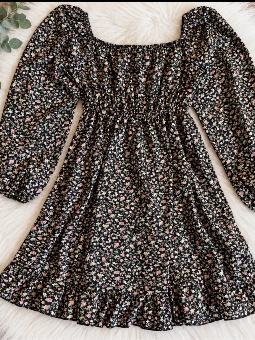 SHEIN Black Floral Puff-Sleeve Square-Neck Dress